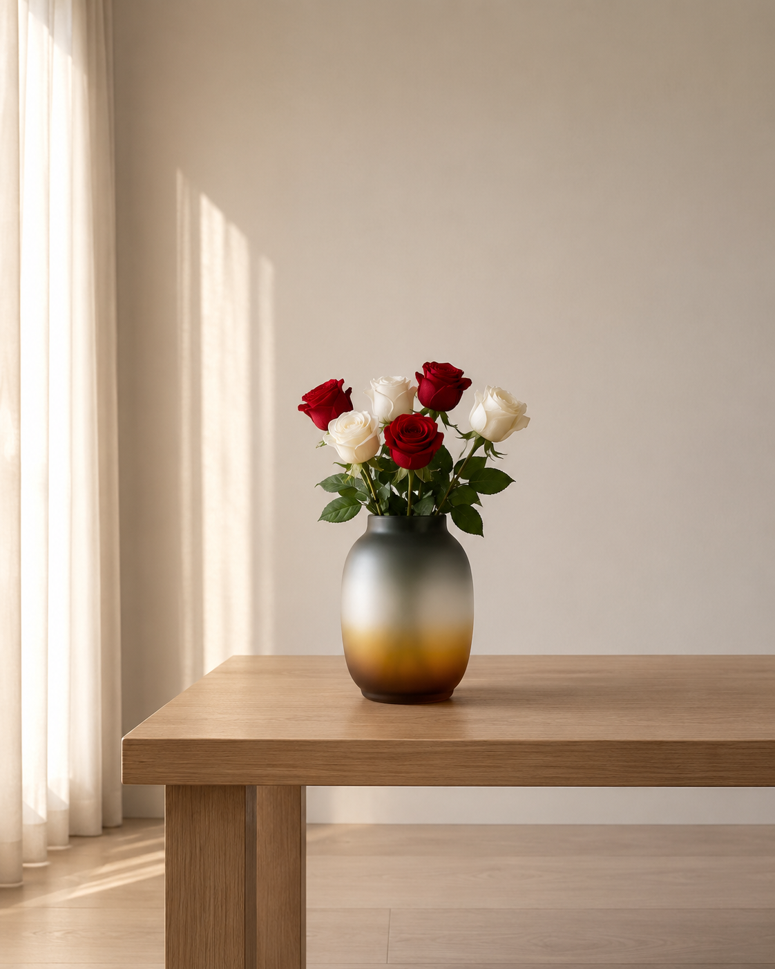 Decorative ombre glass vase filled with red and white roses on a minimalist wooden table.