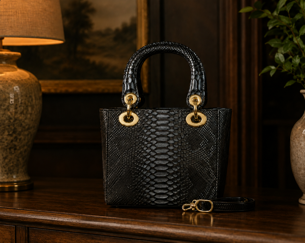 Black textured leather handbag with gold hardware and matching shoulder strap displayed on a dark wood table in an elegant interior.