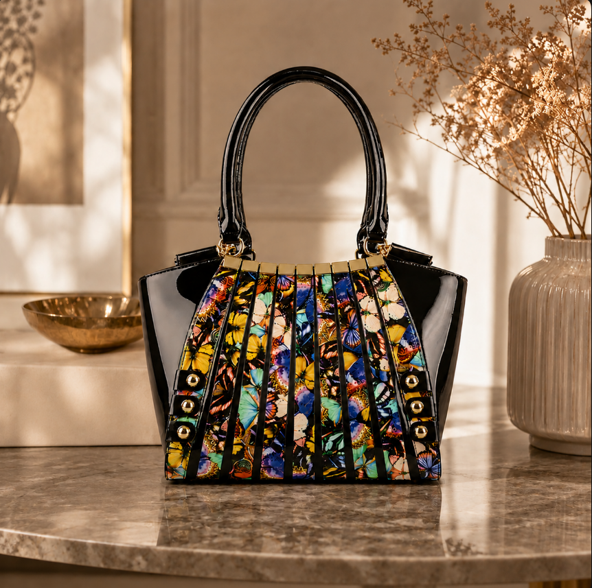 Black patent leather handbag with colorful embroidered butterfly print panel, styled on marble table with vase