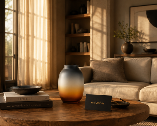 Charcoal and orange glass vase styled on a wooden table in a warm living room with afternoon sunlight.