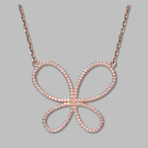 Rose gold butterfly pendant necklace with pavé cubic zirconia on gray background
