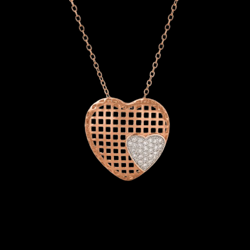 Rose gold heart pendant necklace with an open lattice design and a smaller pavé cubic zirconia heart accent.