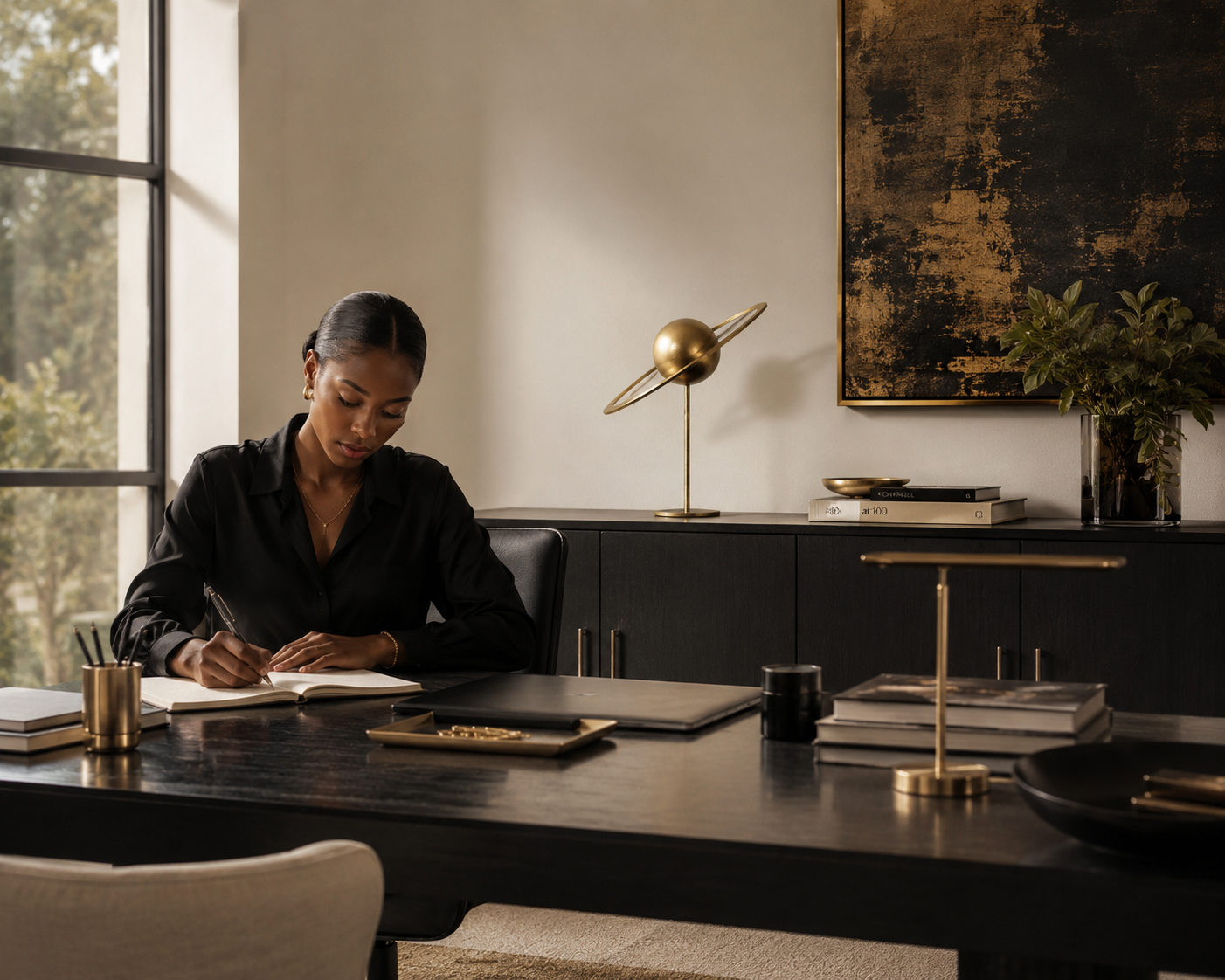 Gold celestial tabletop sculpture styled on a black cabinet in a sophisticated office with natural light.