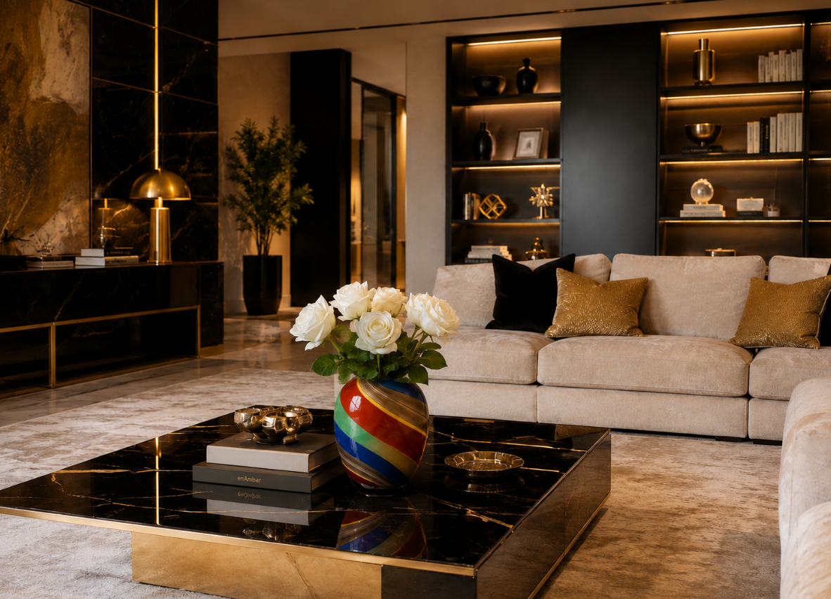 Multicolor glass vase with white roses on a black marble coffee table in an elegant gold-accented living room.