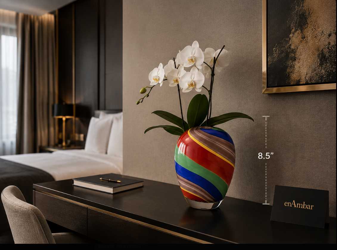Multicolor glass vase with white orchids on a dark wood desk in an elegant hotel room, shown at 8.5 inches tall.